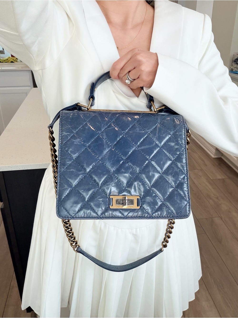 Auth RARE CHANEL Distressed Glazed Calfskin Navy Rita Top Handle Flap Bag